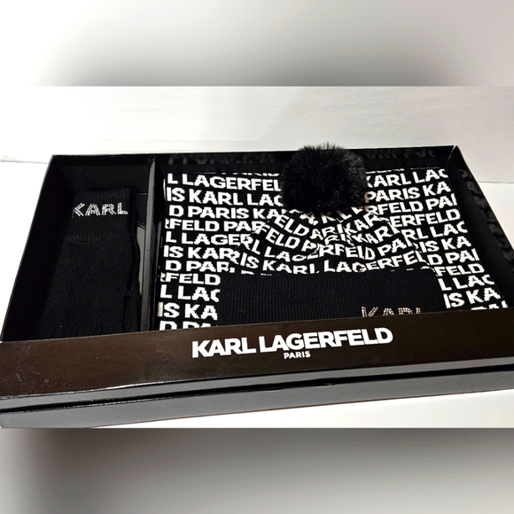 Karl Lagerfeld Accessories - NWT Karl Lagerfeld Beanie, Scarf And Gloves Set. Black And White Logo W/ Box